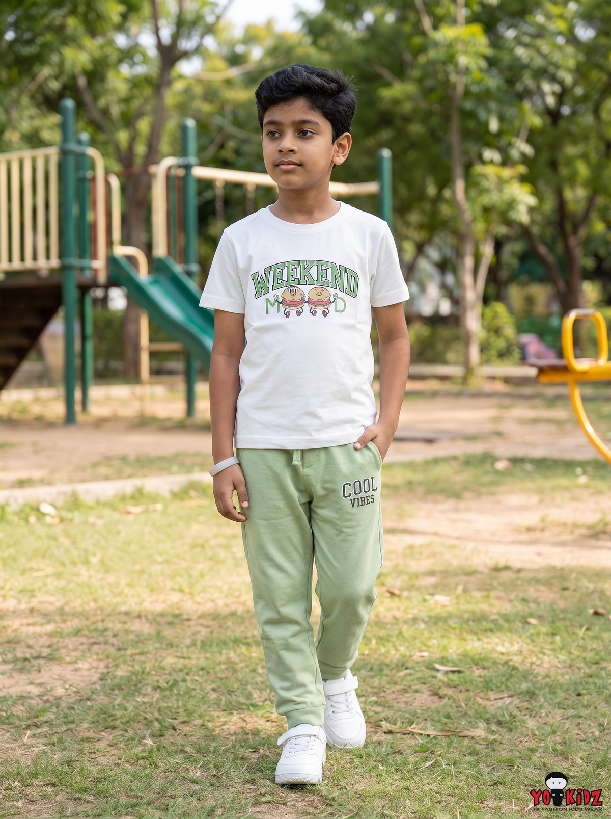 Boys Weekend Mood & Cool Vibes Graphic Print 2-Piece Cotton T-Shirt and Pyjama Set — White / Sage Green | Yokidz