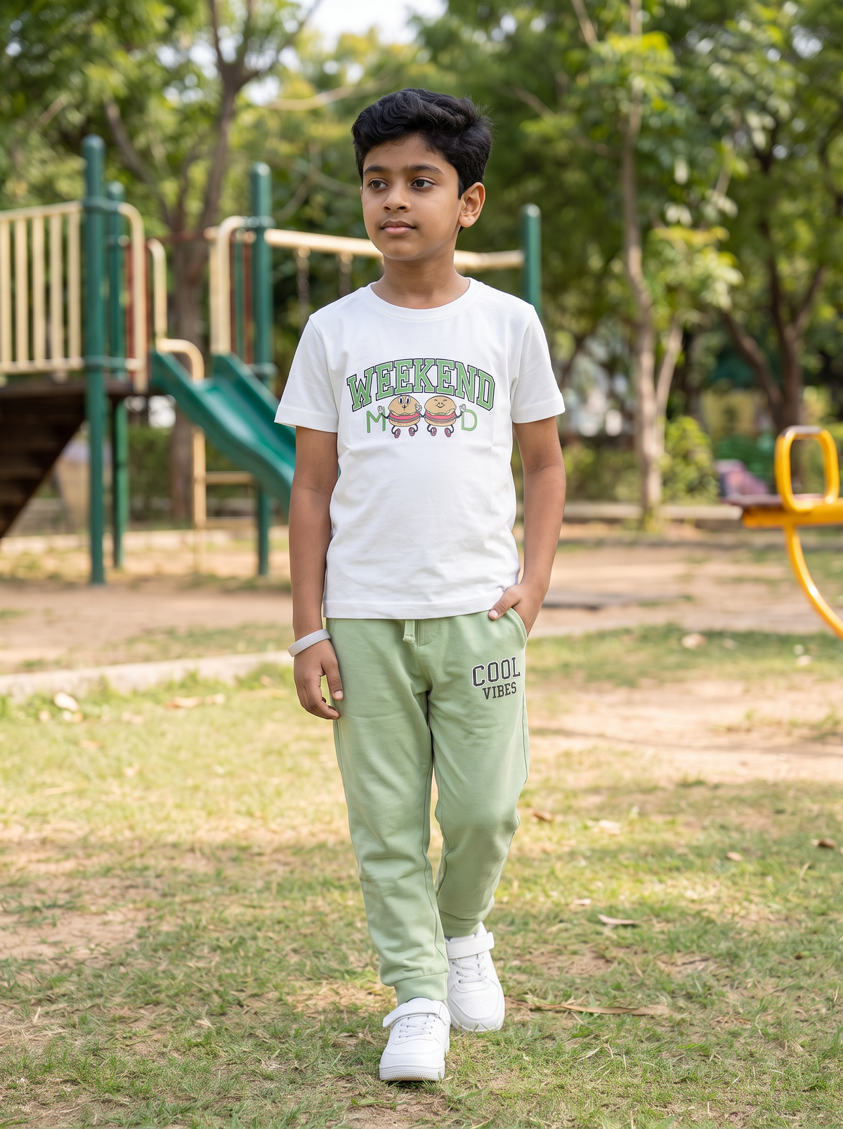 Boys Weekend Mood & Cool Vibes Graphic Print 2-Piece Cotton T-Shirt and Pyjama Set — White / Sage Green | Yo-kidz