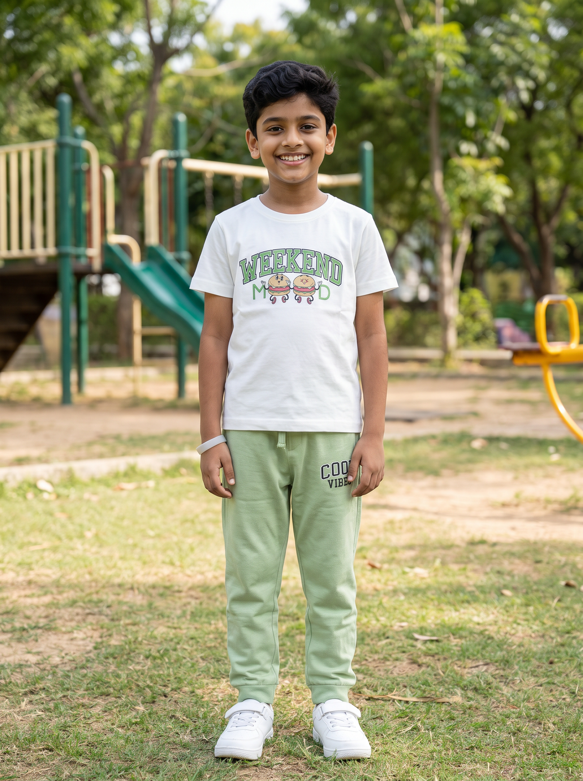 Boys Weekend Mood & Cool Vibes Graphic Print 2-Piece Cotton T-Shirt and Pyjama Set — White / Sage Green | Yo-kidz