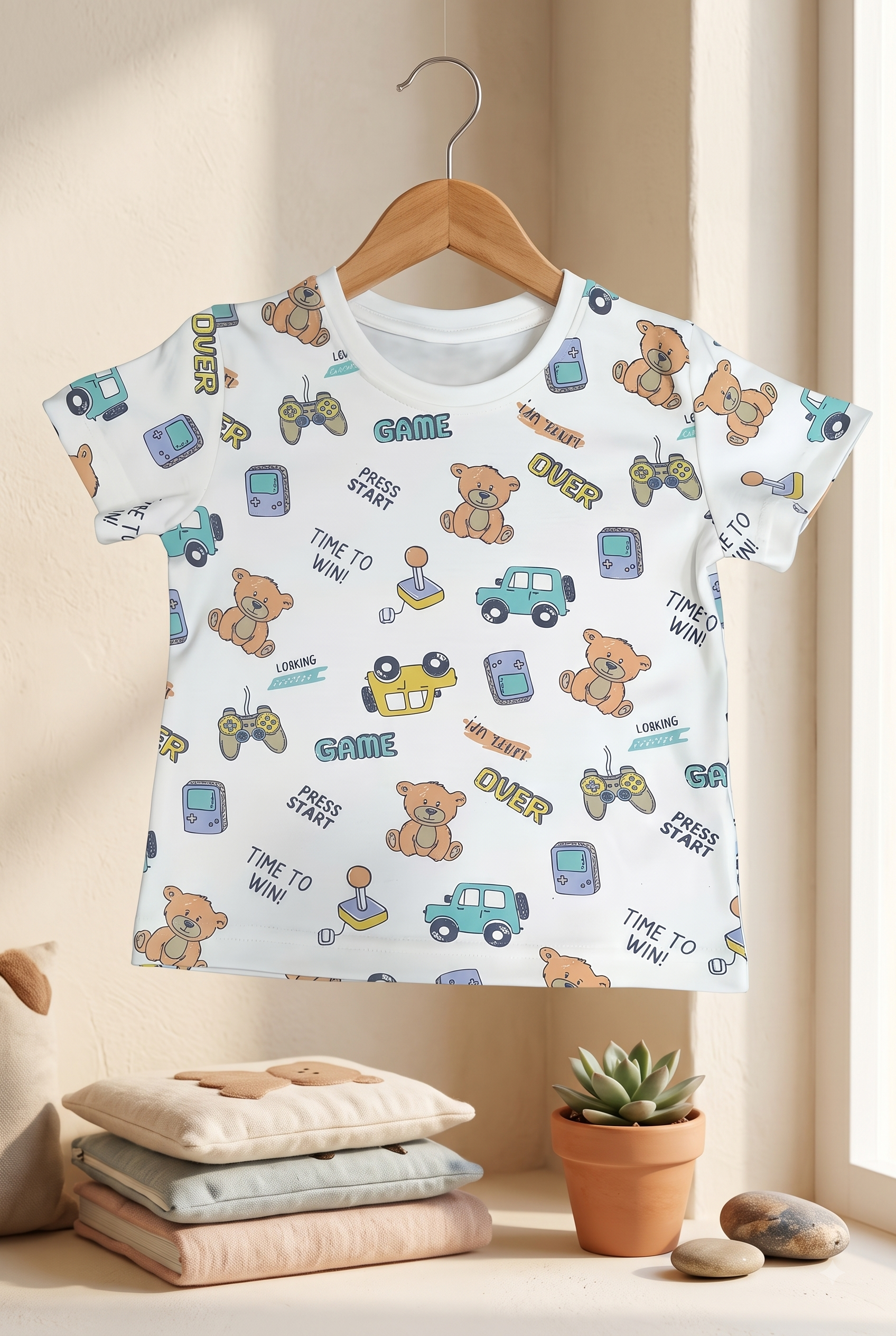 Boys Game Over Retro Gaming & Teddy All Over Print 2-Piece Cotton T-Shirt and Bermuda Shorts Set — Off-White | Yokidz