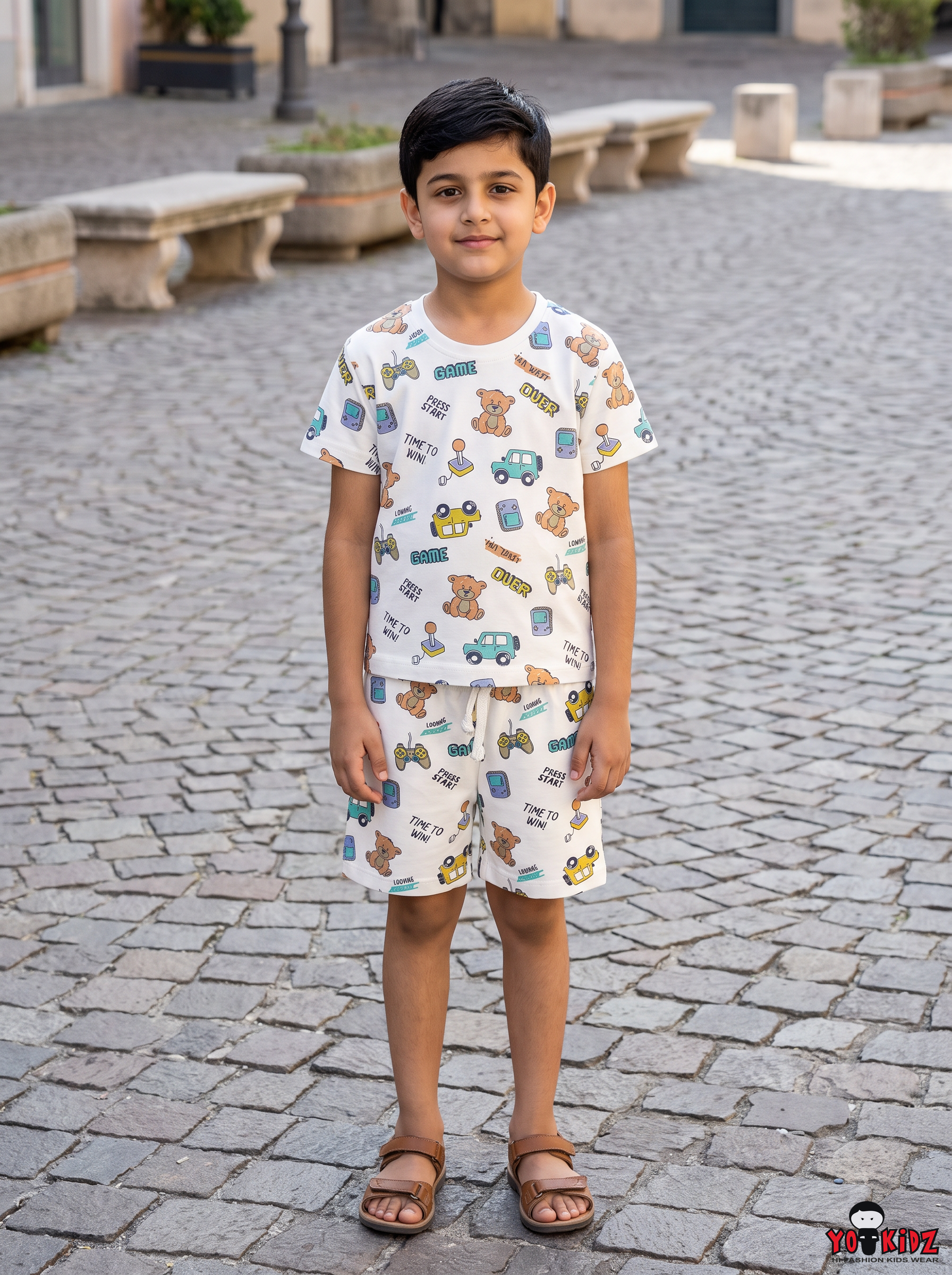 Boys Game Over Retro Gaming & Teddy All Over Print 2-Piece Cotton T-Shirt and Bermuda Shorts Set — Off-White | Yokidz