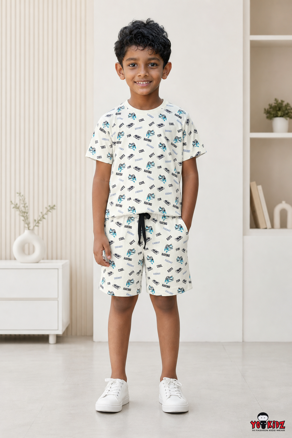 Boys Cool Dinosaur & Typography All Over Print 2-Piece Cotton T-Shirt and Bermuda Shorts Set — Off-White | Yokidz