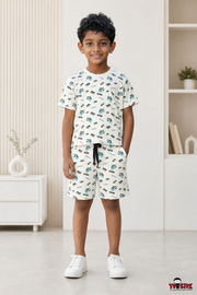 Boys Cool Dinosaur & Typography All Over Print 2-Piece Cotton T-Shirt and Bermuda Shorts Set — Off-White | Yokidz