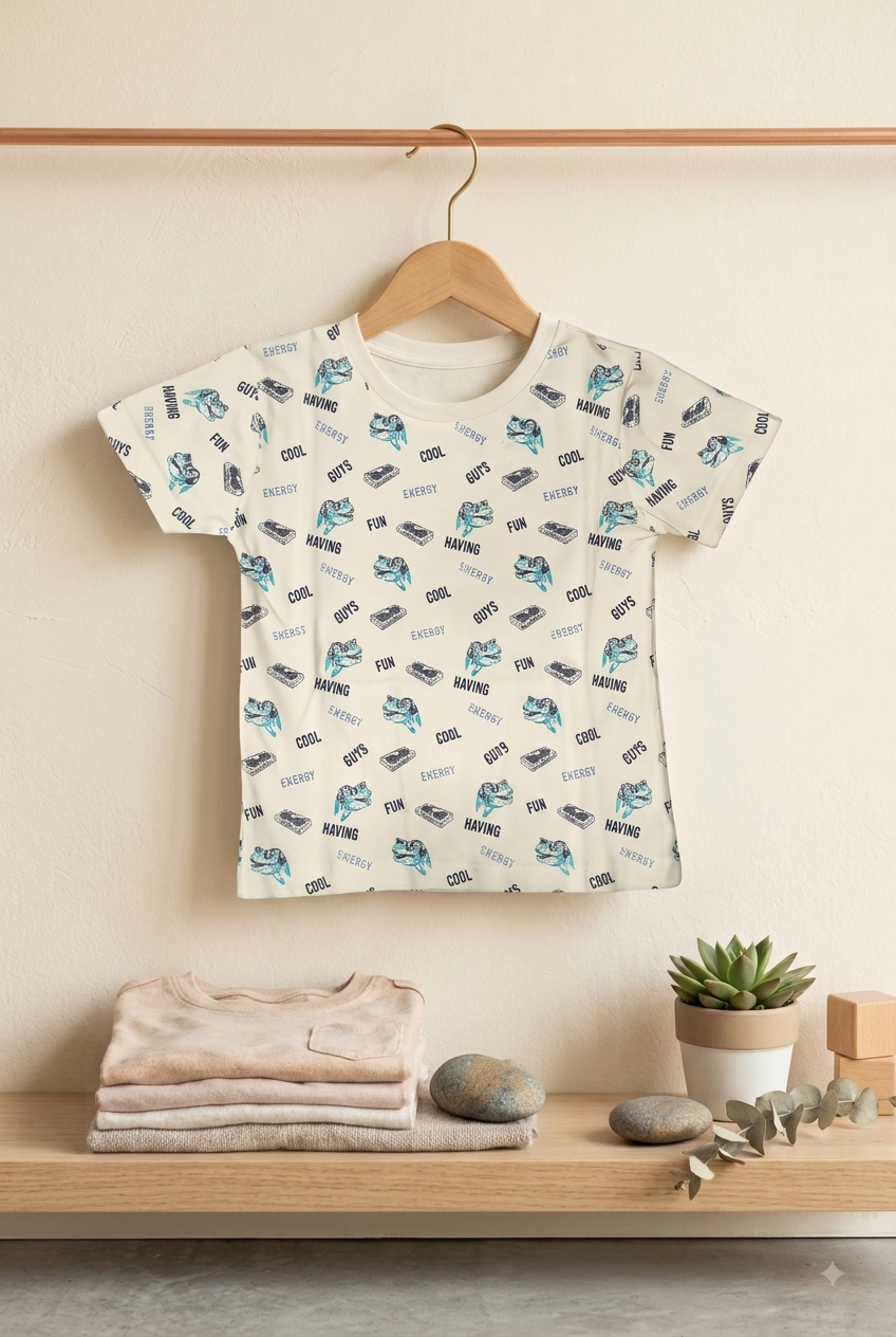 Boys Cool Dinosaur & Typography All Over Print 2-Piece Cotton T-Shirt and Bermuda Shorts Set — Off-White | Yokidz
