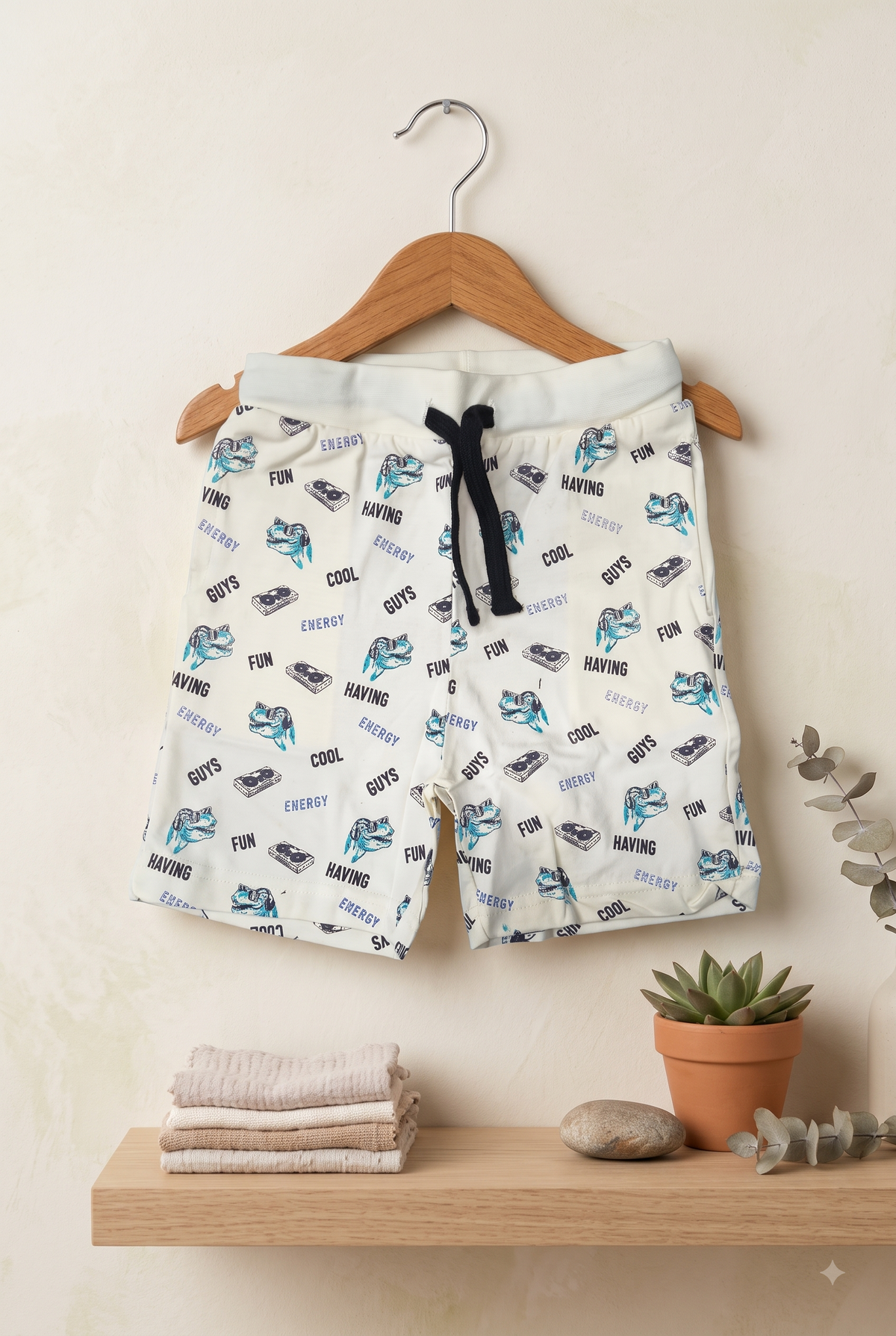 Boys Cool Dinosaur & Typography All Over Print 2-Piece Cotton T-Shirt and Bermuda Shorts Set — Off-White | Yokidz