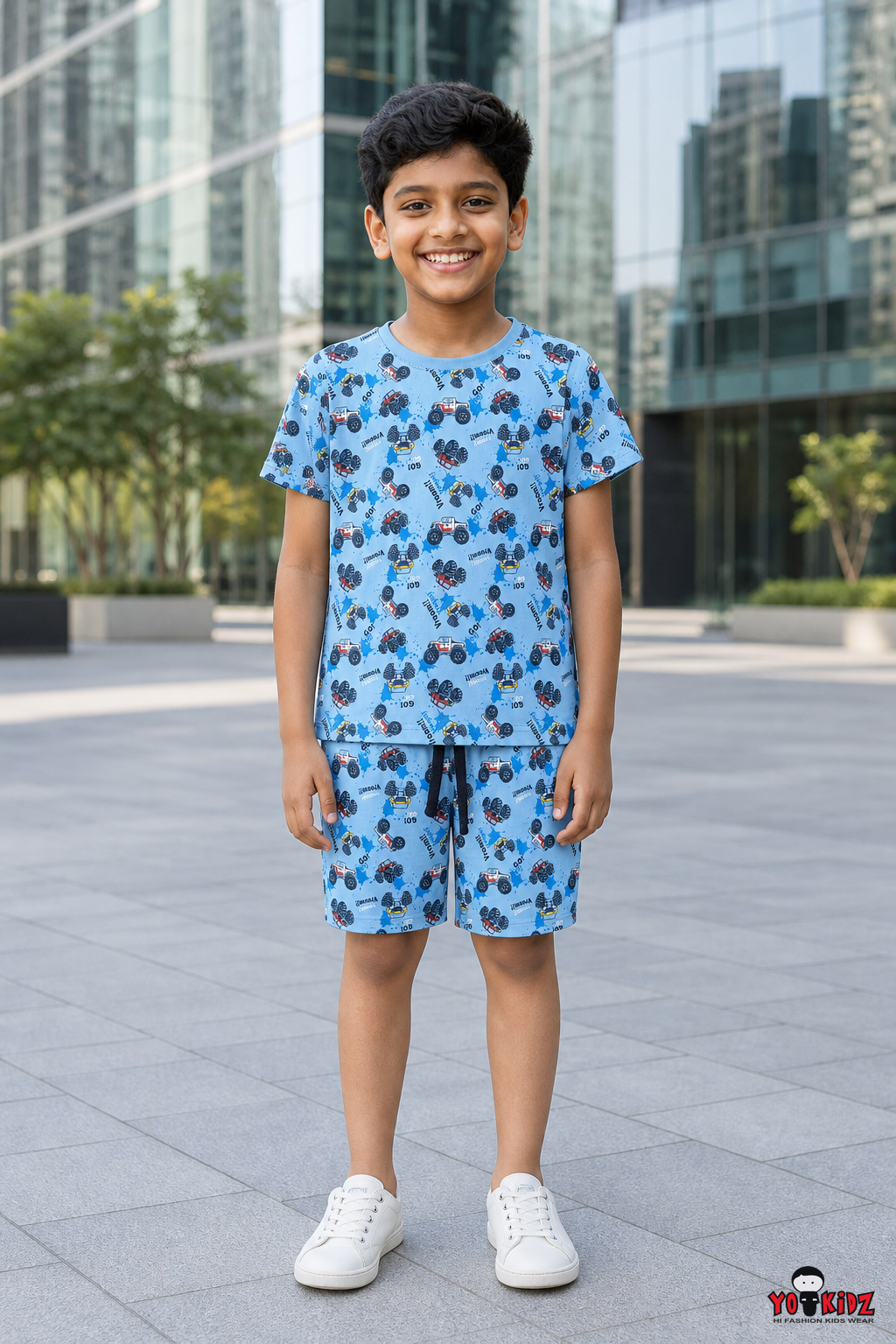 Boys Monster Truck & Jeep All Over Print 2-Piece Cotton T-Shirt and Bermuda Shorts Set — Sky Blue | Yokidz