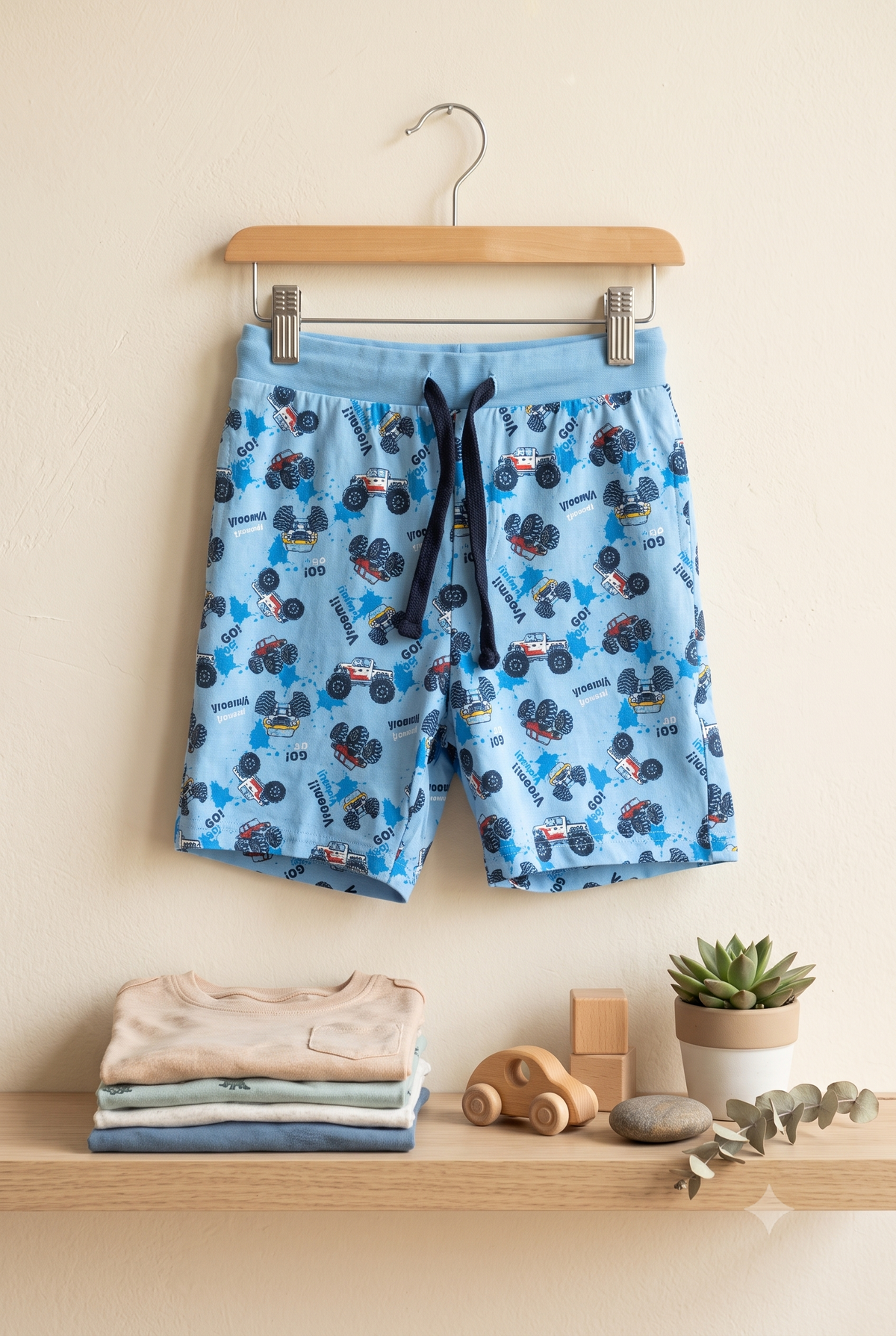 Boys Monster Truck & Jeep All Over Print 2-Piece Cotton T-Shirt and Bermuda Shorts Set — Sky Blue | Yokidz