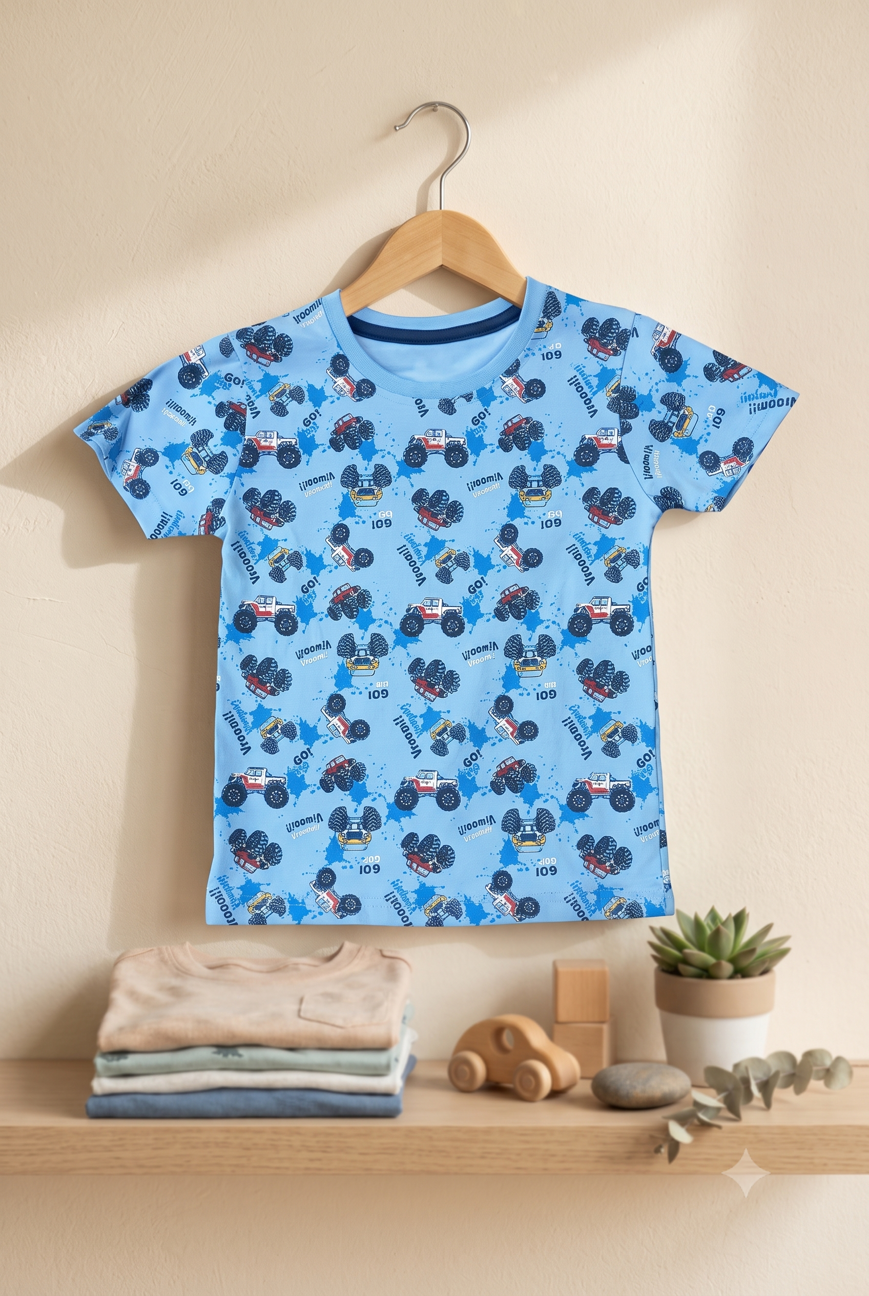 Boys Monster Truck & Jeep All Over Print 2-Piece Cotton T-Shirt and Bermuda Shorts Set — Sky Blue | Yokidz