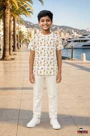 Boys Roar Cute Tiger All Over Print Round Neck Cotton T-Shirt — Off-White / Mustard Yellow | Yokidz