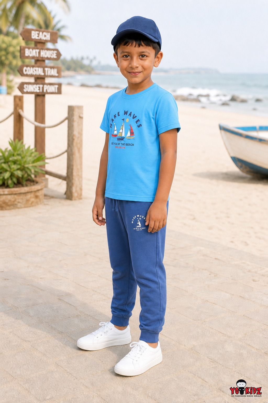 Boys Make Waves Beach Graphic Print 2-Piece Cotton T-Shirt and Pyjama Set — Sky Blue / Navy | Yokidz