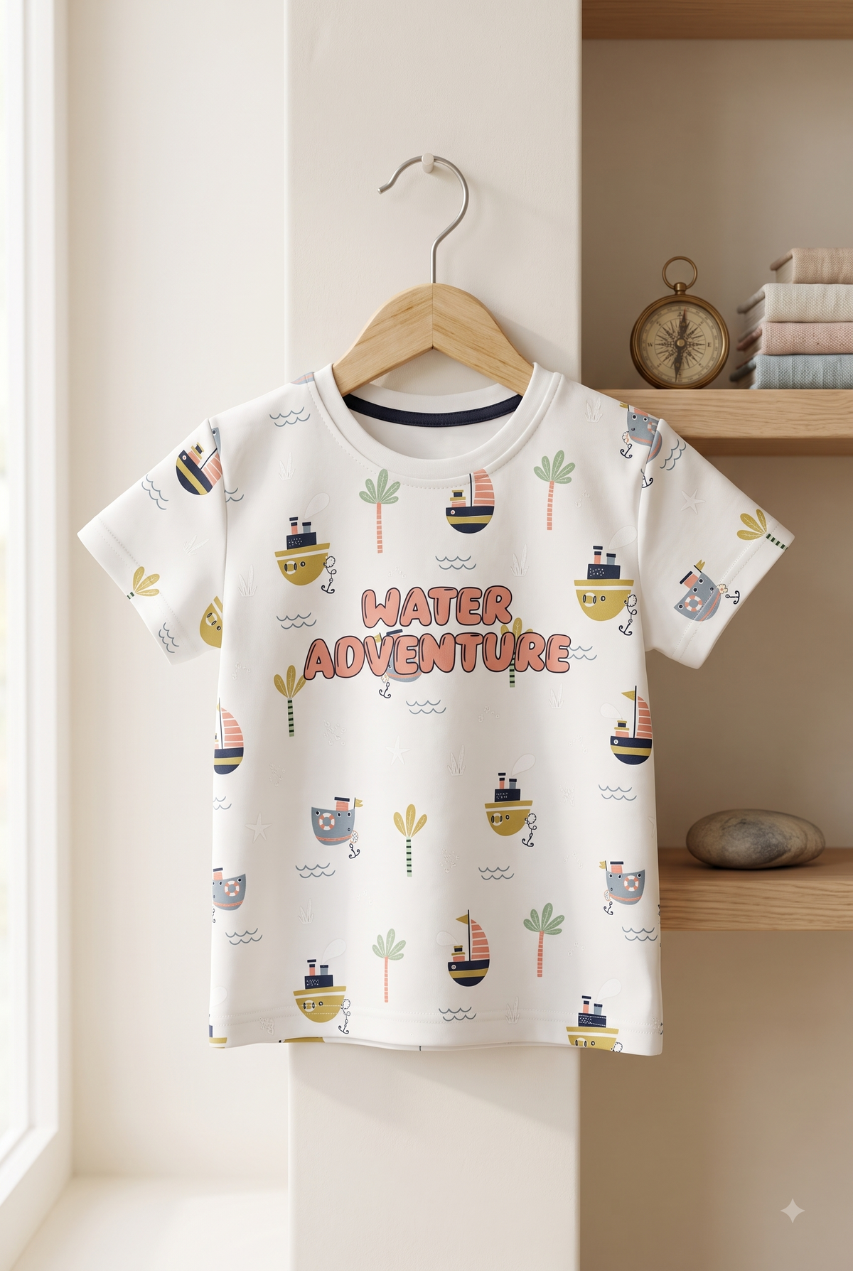 Boys Water Adventure Nautical Boat All Over Print 2-Piece Cotton T-Shirt and Bermuda Shorts Set — Off-White | Yokidz