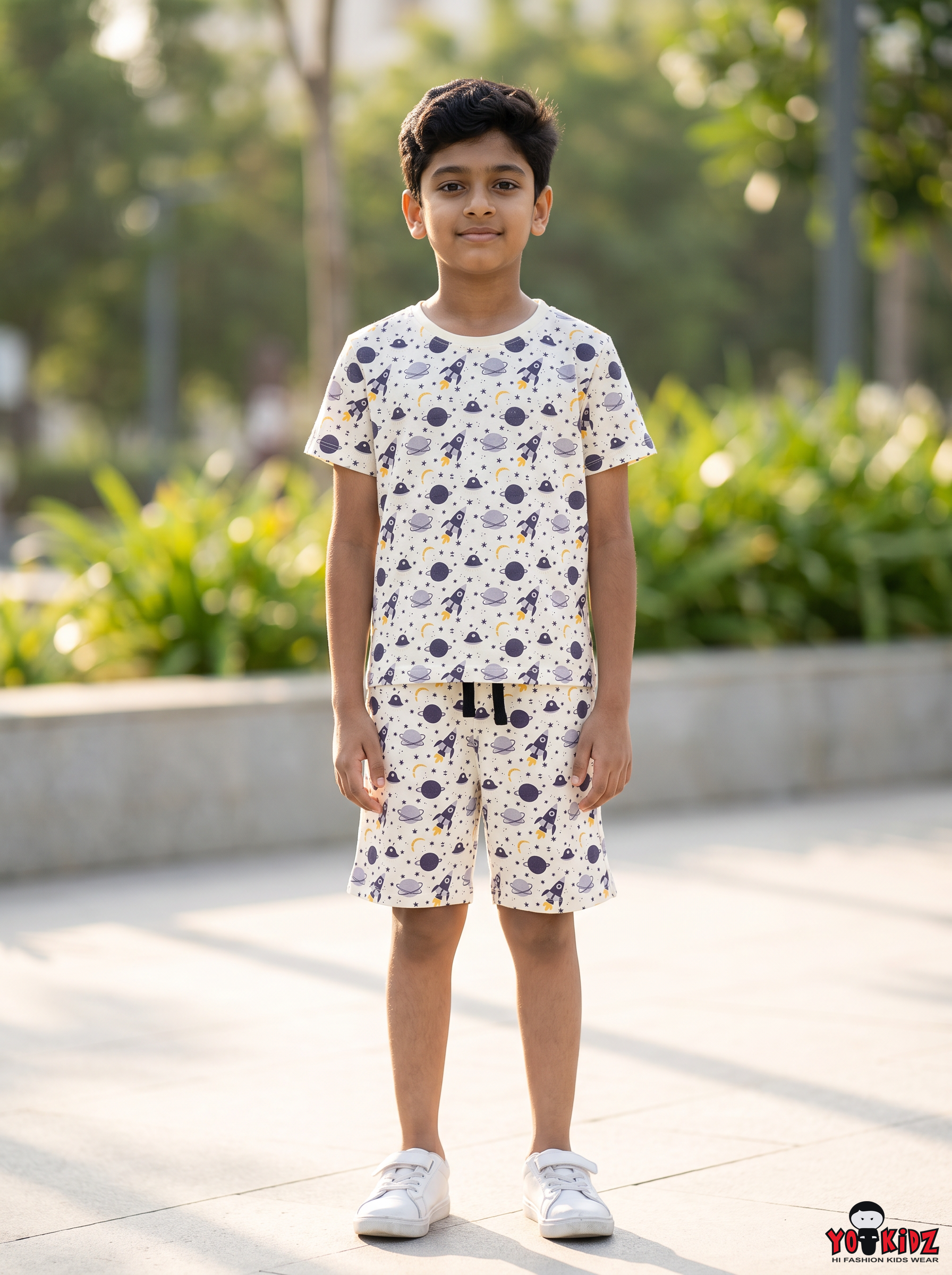 Boys Space Rocket & Planets All Over Print 2-Piece Cotton T-Shirt and Bermuda Shorts Set — Off-White | Yokidz