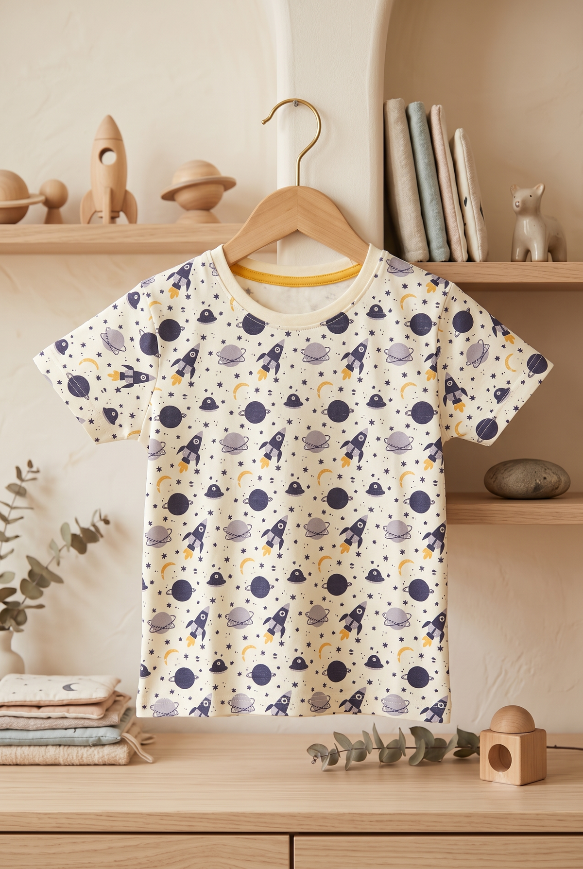 Boys Space Rocket & Planets All Over Print 2-Piece Cotton T-Shirt and Bermuda Shorts Set — Off-White | Yokidz