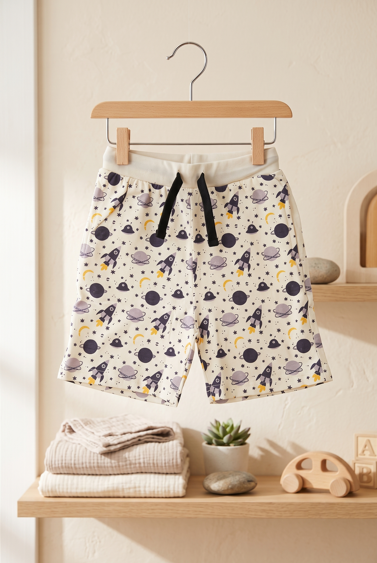 Boys Space Rocket & Planets All Over Print 2-Piece Cotton T-Shirt and Bermuda Shorts Set — Off-White | Yokidz