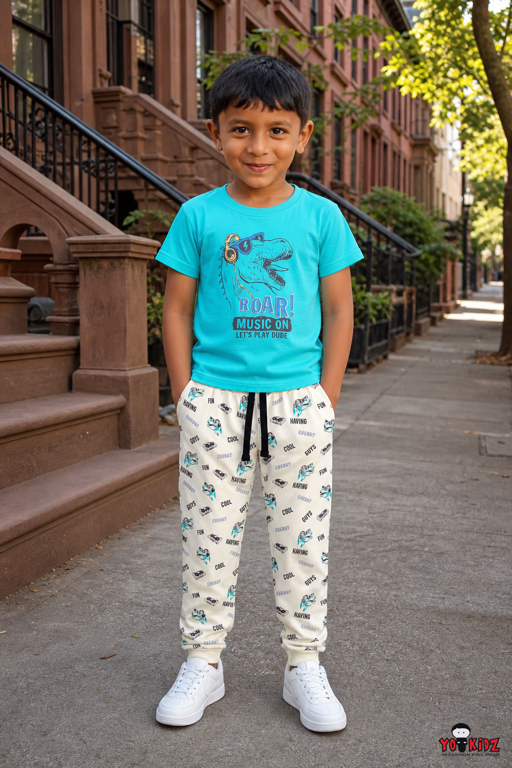 Boys Roar Dinosaur Music Graphic T-Shirt and Typography Print Jogger 2-Piece Cotton Pyjama Set — Turquoise Blue / Off-White | Yokidz