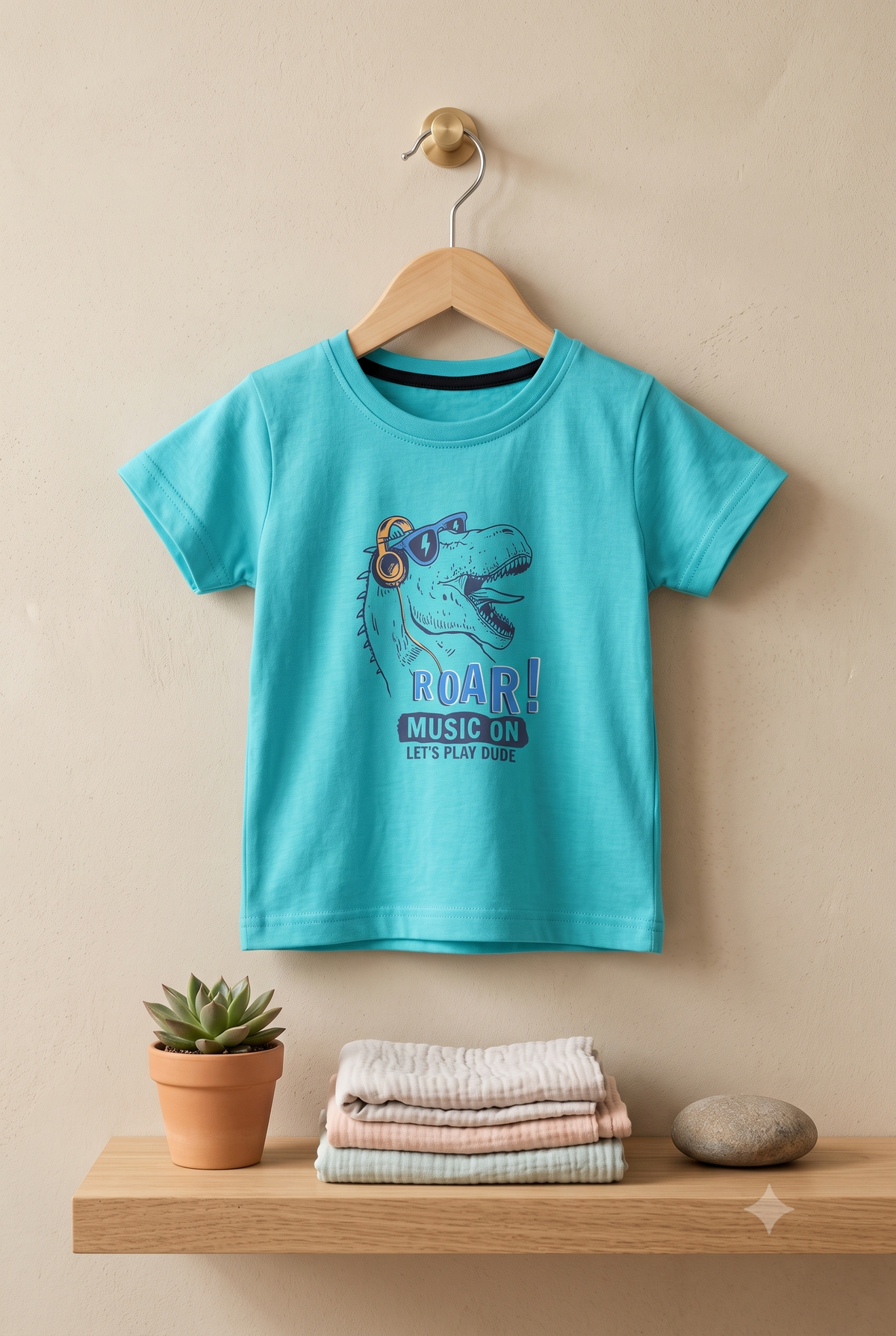 Boys Roar Dinosaur Music Graphic T-Shirt and Typography Print Jogger 2-Piece Cotton Pyjama Set — Turquoise Blue / Off-White | Yokidz