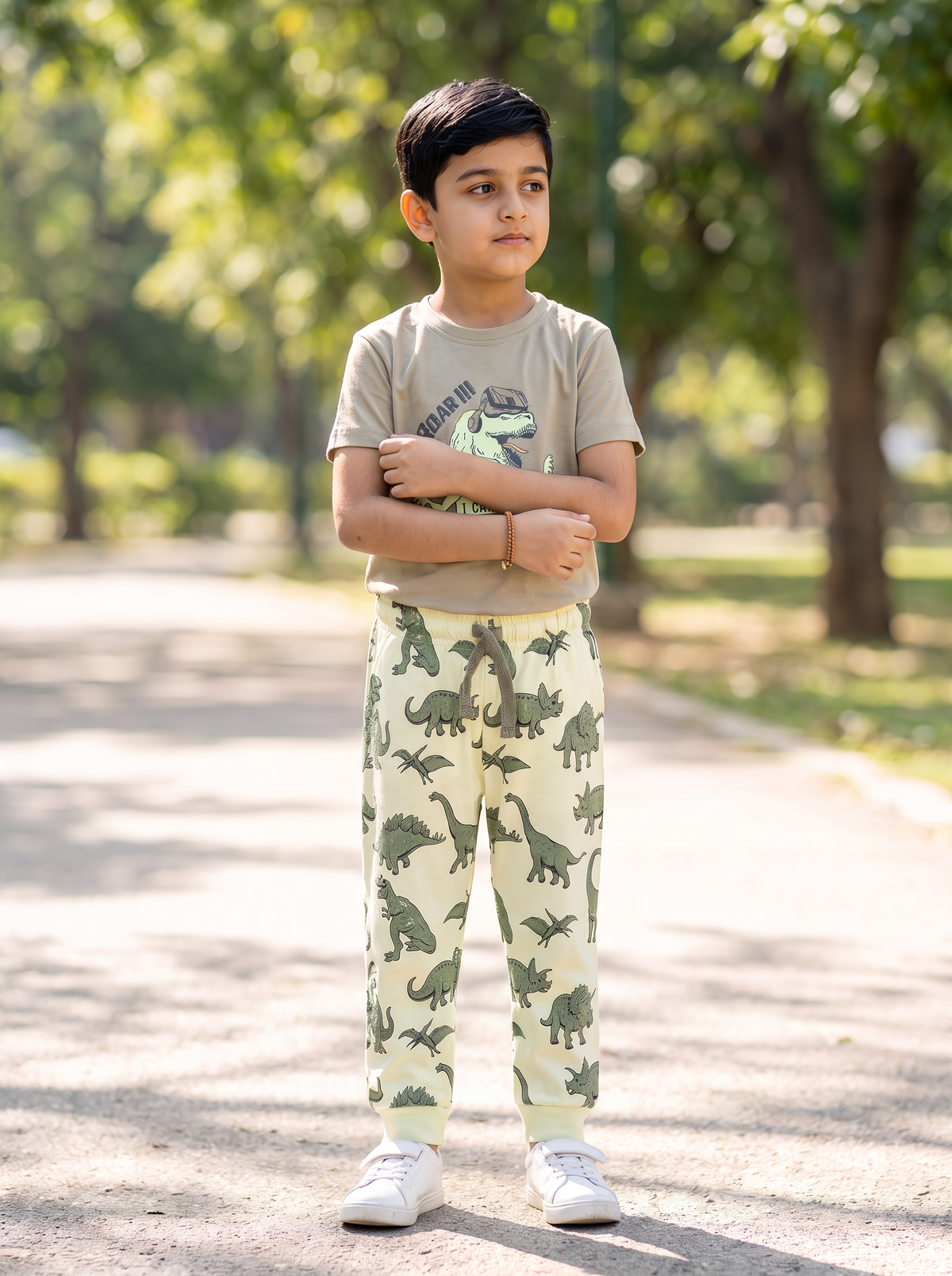 Boys Dinosaur Graphic Print 2-Piece Cotton T-Shirt and Pyjama Set — Olive Green / Sage | Yokidz