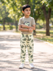 Boys Dinosaur Graphic Print 2-Piece Cotton T-Shirt and Pyjama Set — Olive Green / Sage | Yokidz