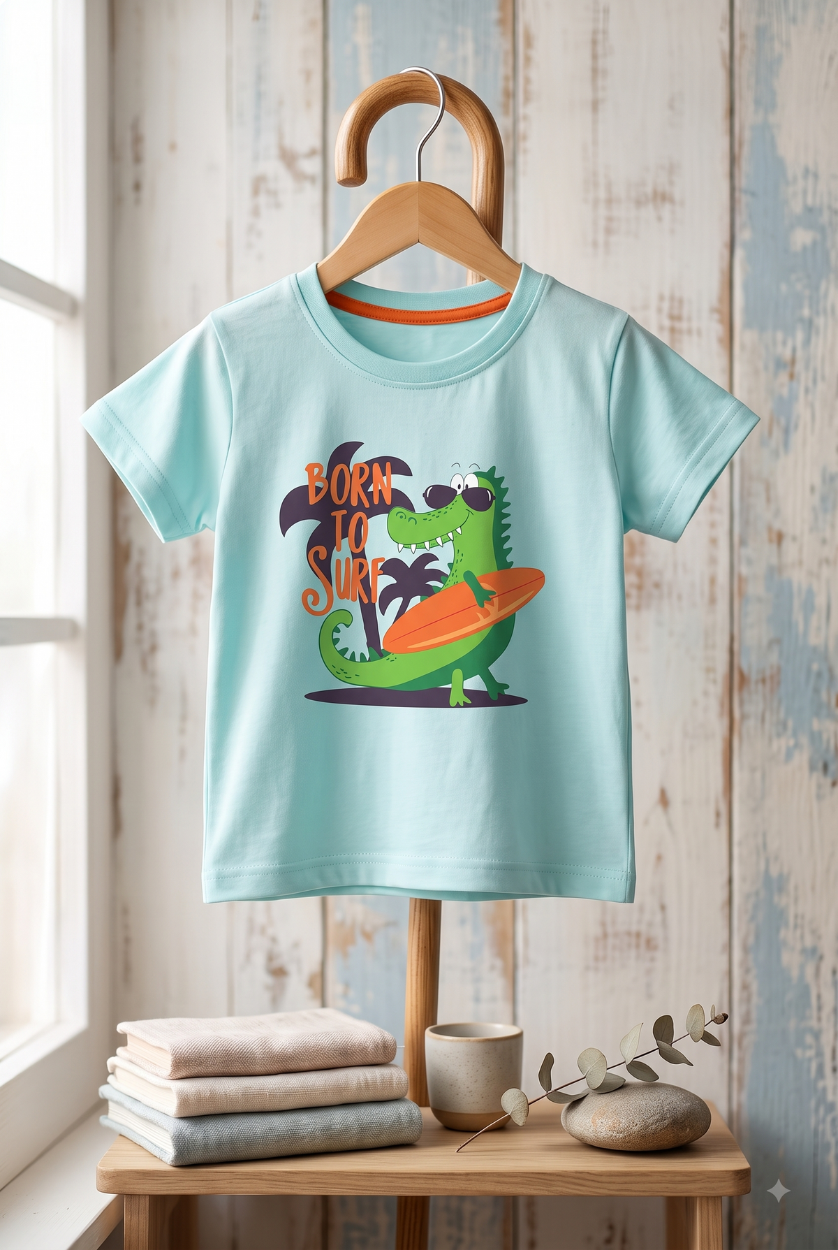 Boys Born To Surf Crocodile Graphic Print Round Neck Cotton T-Shirt — Light Blue | Yokidz