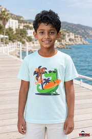 Boys Born To Surf Crocodile Graphic Print Round Neck Cotton T-Shirt — Light Blue | Yokidz