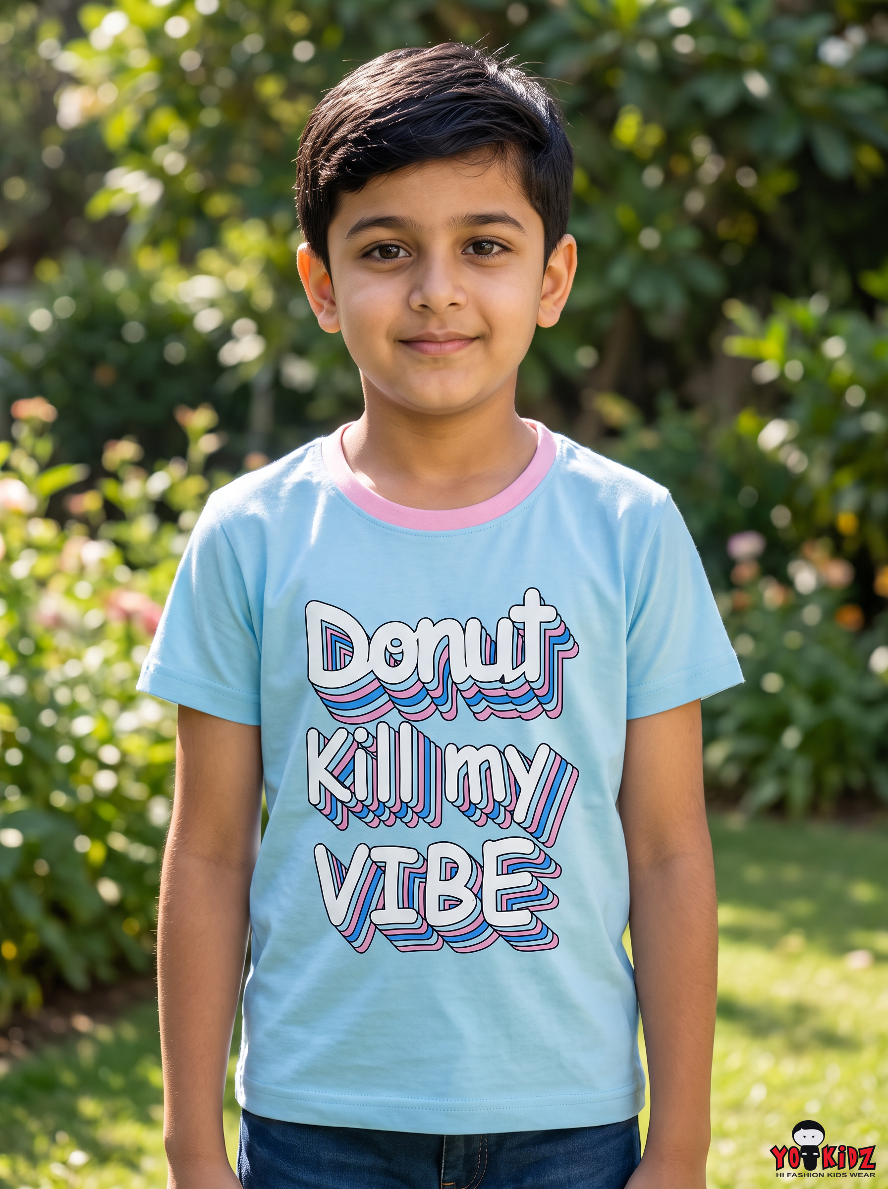 Boys Donut Kill My Vibe 3D Typography Graphic Print Contrast Neck Cotton T-Shirt — Sky Blue / Pink | Yokidz