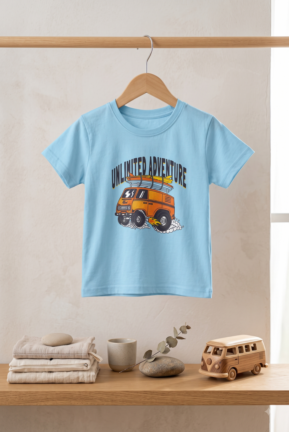 Boys Unlimited Adventure Off-Road Van Graphic Print Round Neck Cotton T-Shirt — Light Blue | Yokidz
