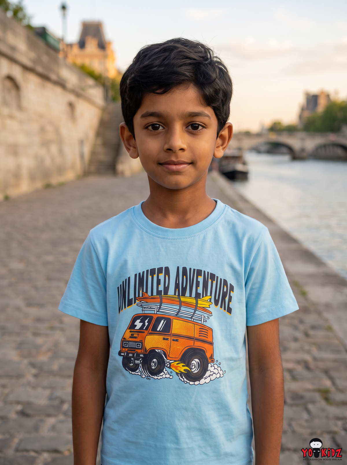 Boys Unlimited Adventure Off-Road Van Graphic Print Round Neck Cotton T-Shirt — Light Blue | Yokidz