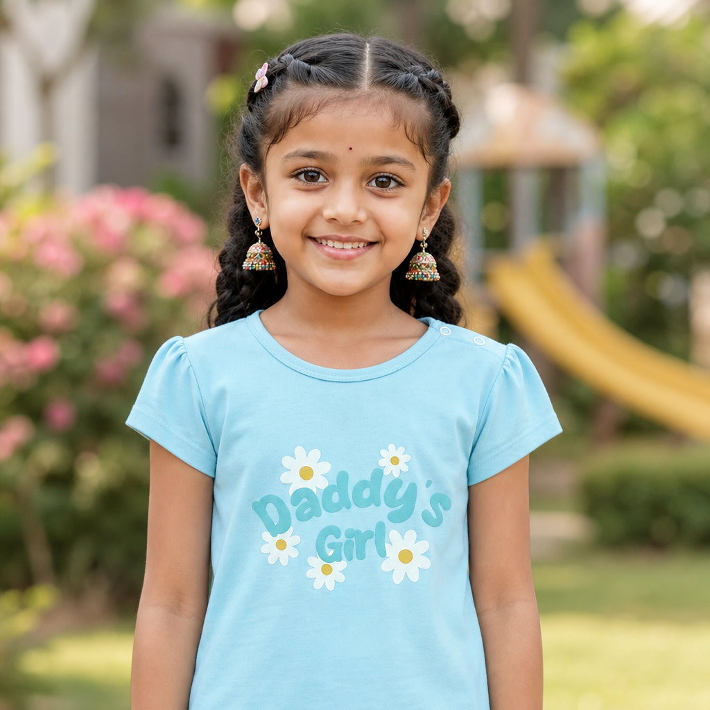 Girls Daddy's Girl Floral Chest Graphic Print Cotton Round Neck T-Shirt Top — Sky Blue | Yokidz