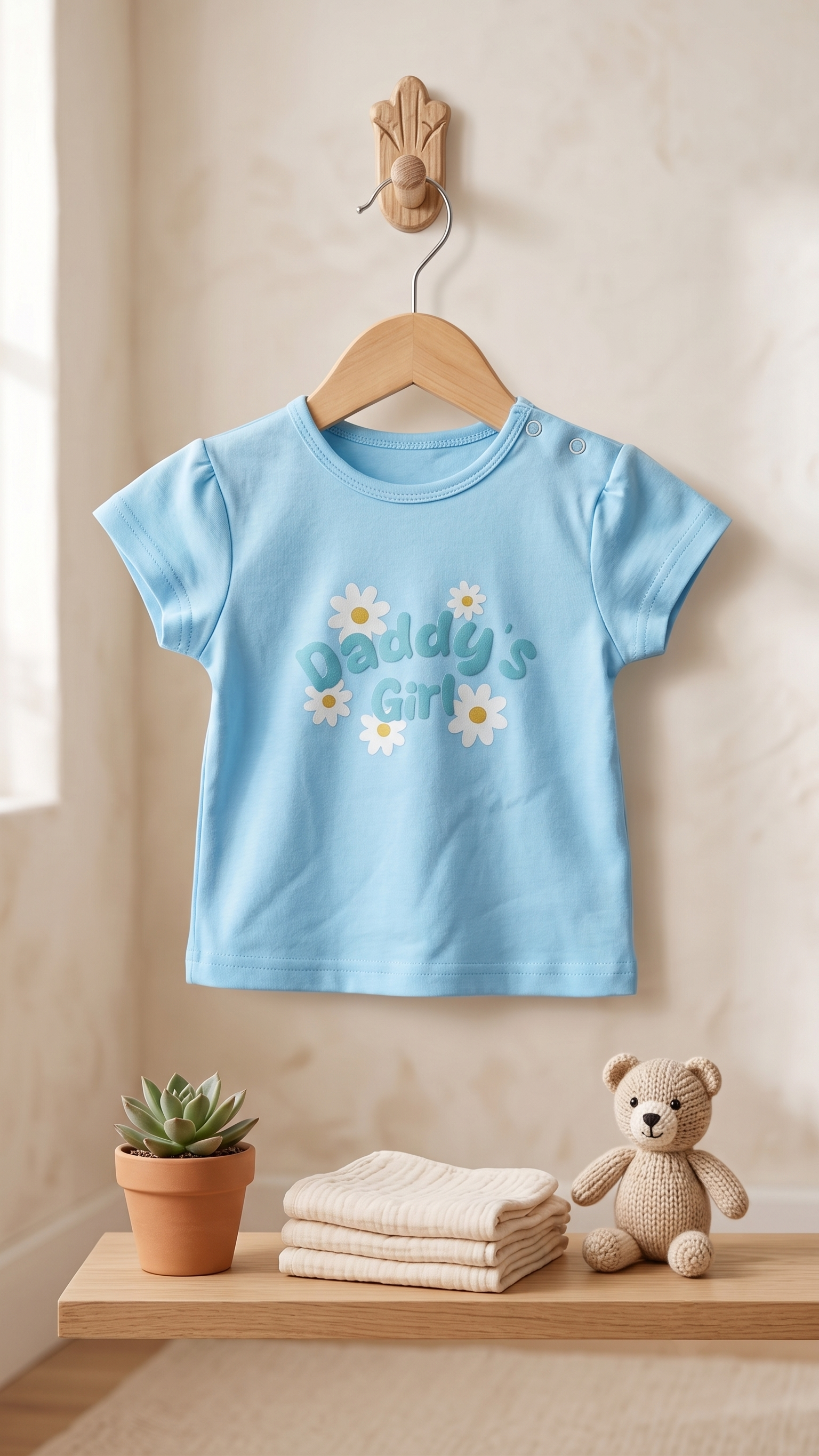Girls Daddy's Girl Floral Chest Graphic Print Cotton Round Neck T-Shirt Top — Sky Blue | Yokidz