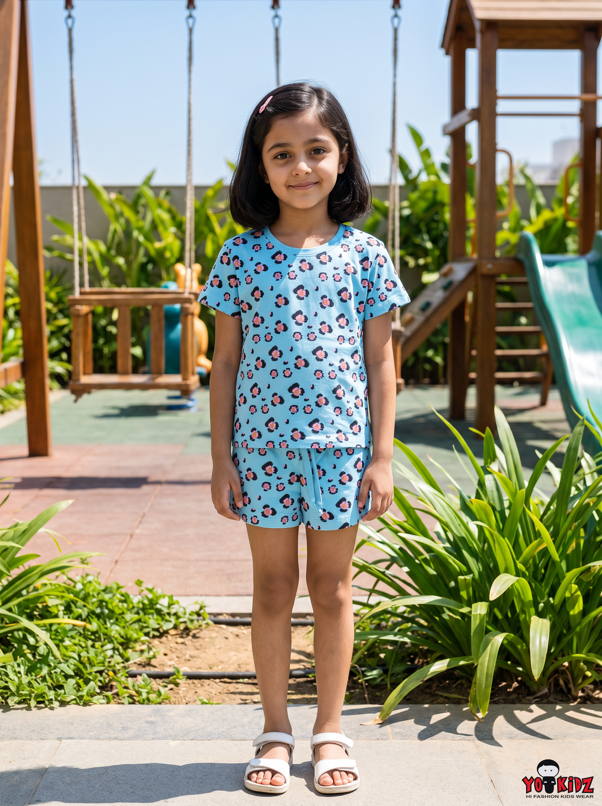 Girls Leopard Animal All Over Print 2-Piece Cotton T-Shirt and Bermuda Shorts Set — Sky Blue | Yokidz