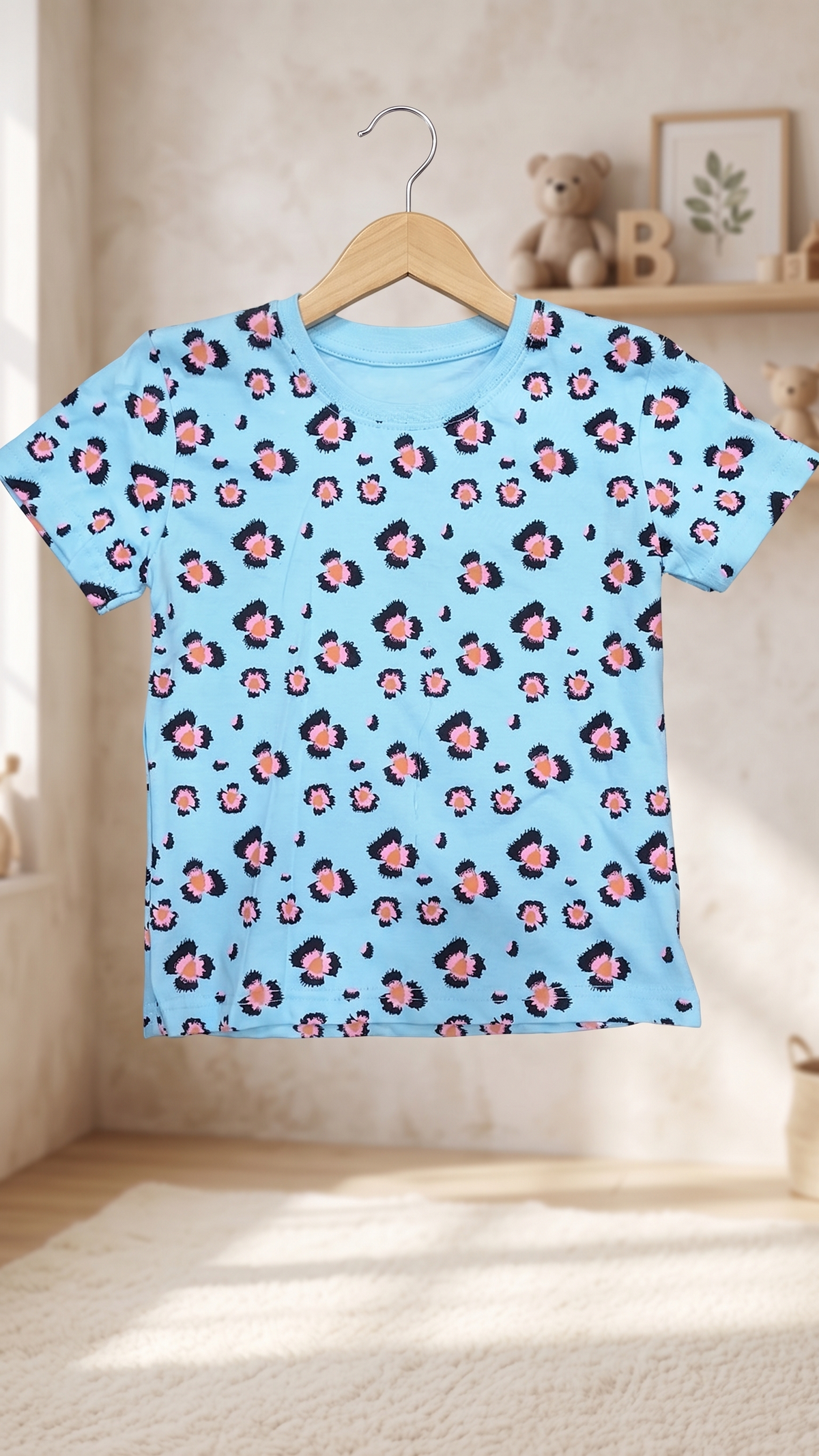 Girls Leopard Animal All Over Print 2-Piece Cotton T-Shirt and Bermuda Shorts Set — Sky Blue | Yokidz