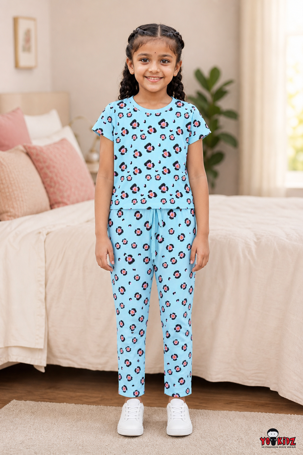 Girls All Over Print 2-Piece Cotton T-Shirt and Pyjama Set — Sky Blue | Yokidz