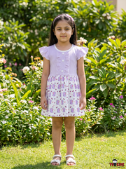 Girls Striped Ruffle Sleeve & Elephant Print A-Line Cotton Frock Dress — Lavender / Purple | Yokidz