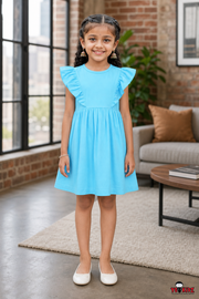 Girls Solid Double Frill Shoulder A-Line Cotton Frock Dress — Sky Blue | Yokidz