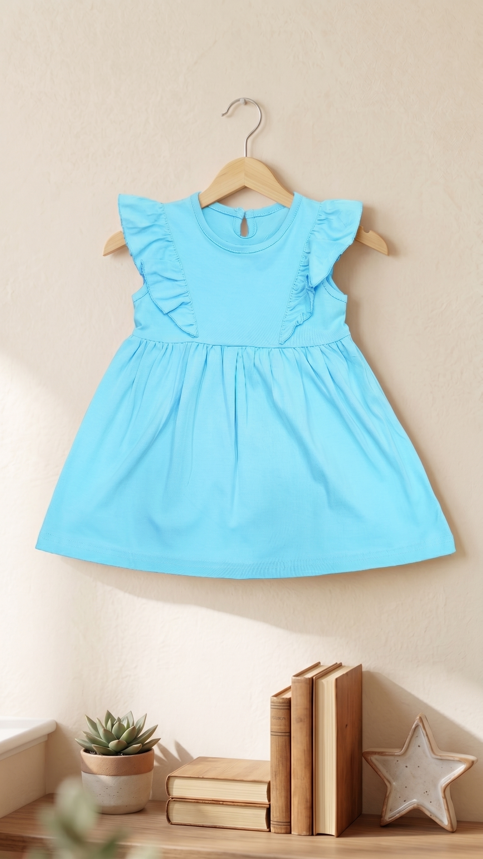 Girls Solid Double Frill Shoulder A-Line Cotton Frock Dress — Sky Blue | Yokidz