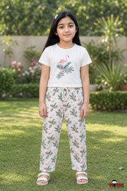 Girls Flamingo & Tropical Foliage Print 2-Piece Cotton T-Shirt and Pyjama Set — Off-White | Yokidz