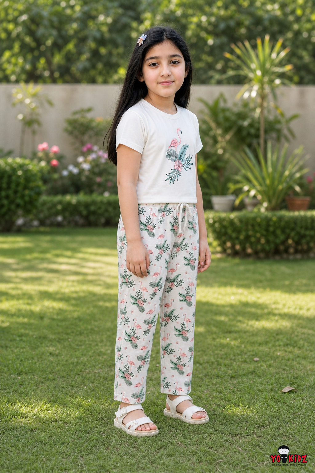 Girls Flamingo & Tropical Foliage Print 2-Piece Cotton T-Shirt and Pyjama Set — Off-White | Yokidz