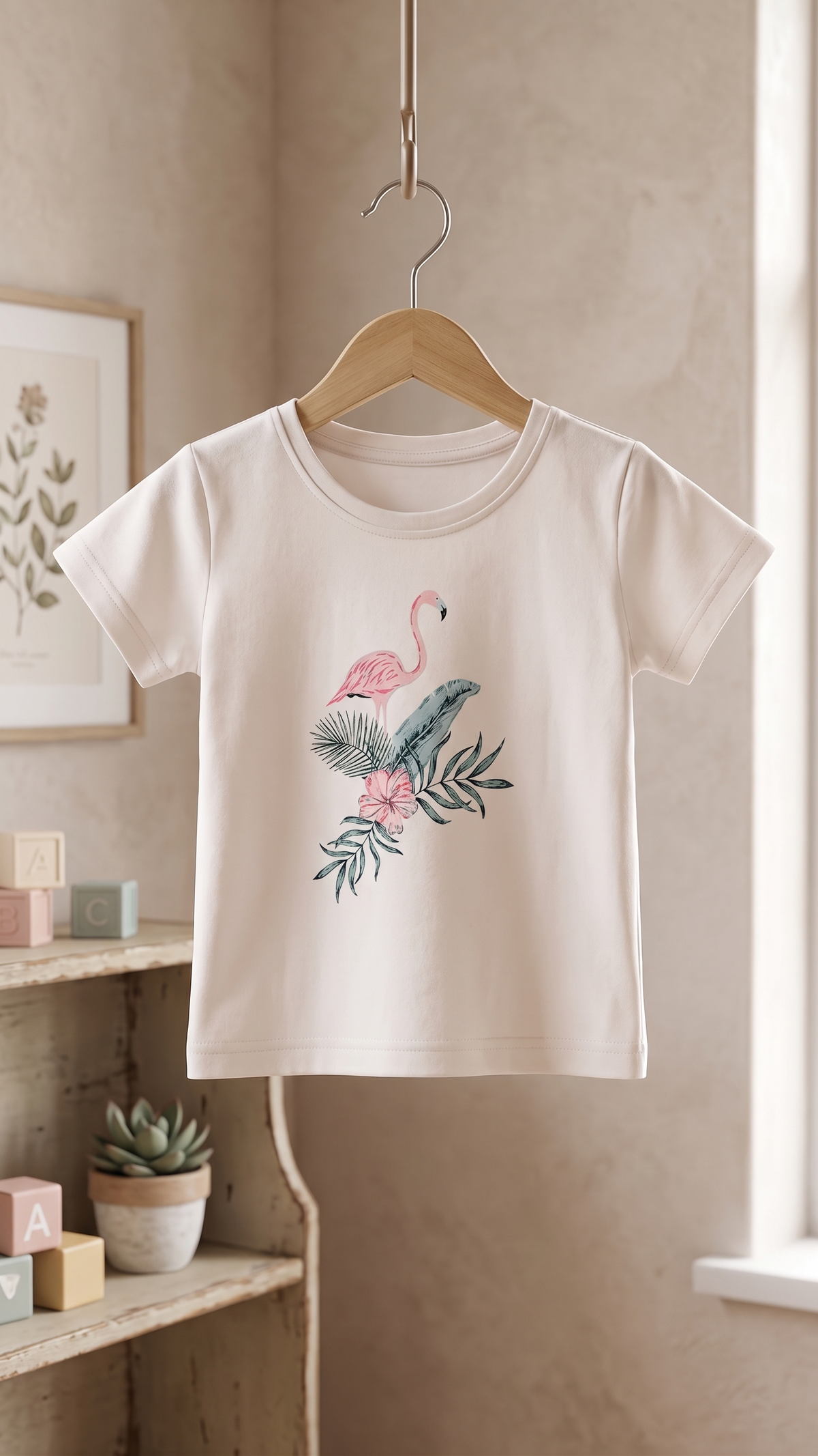 Girls Flamingo & Tropical Foliage Print 2-Piece Cotton T-Shirt and Pyjama Set — Off-White | Yokidz