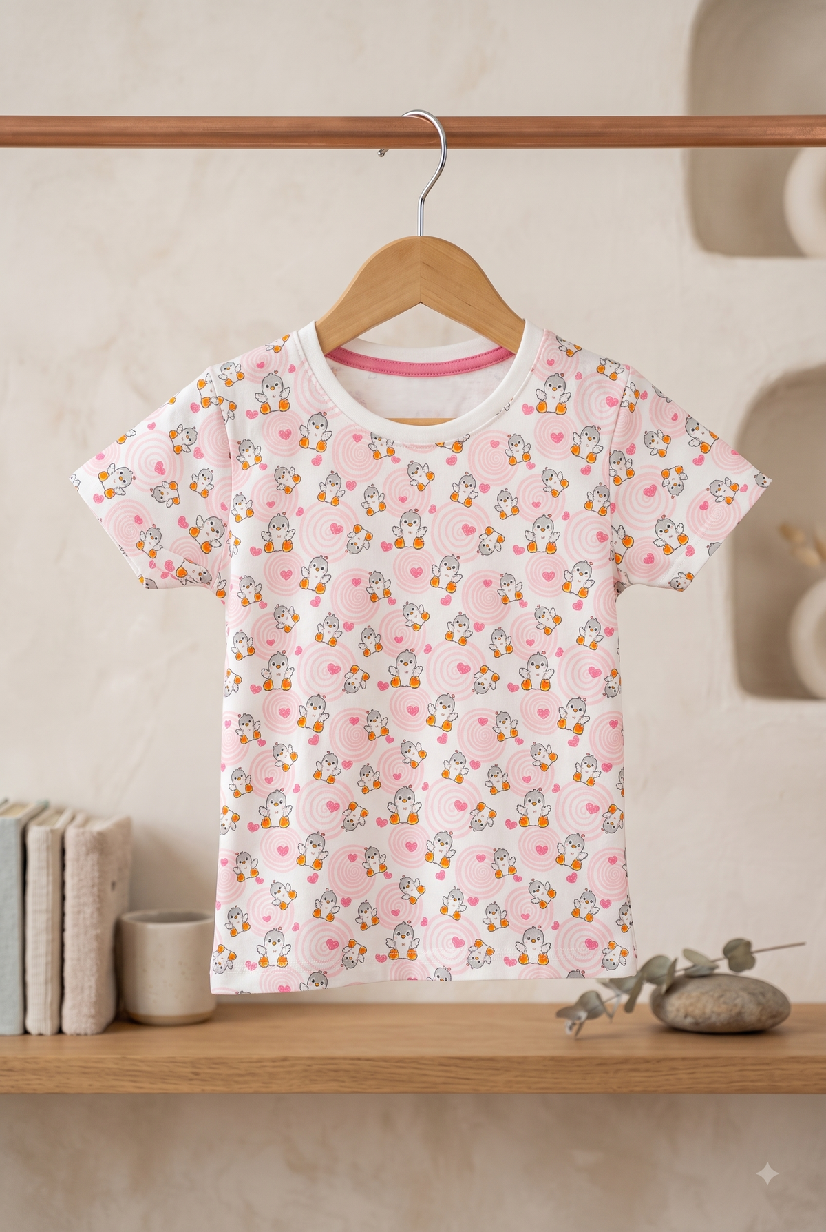 Girls Cute Duckling & Hearts Swirl All Over Print Round Neck Cotton T-Shirt — White / Baby Pink | Yokidz