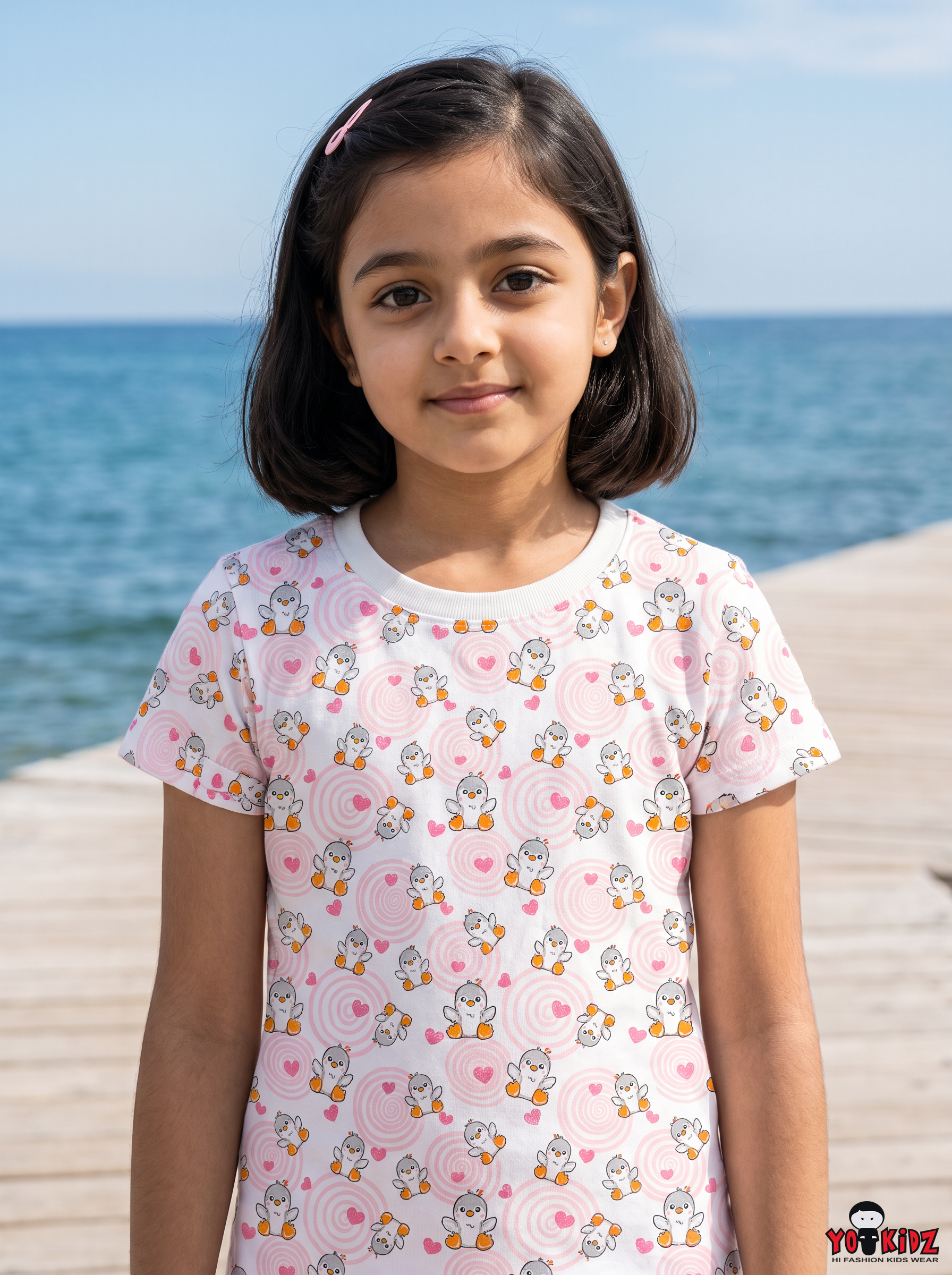Girls Cute Duckling & Hearts Swirl All Over Print Round Neck Cotton T-Shirt — White / Baby Pink | Yokidz