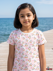 Girls Cute Duckling & Hearts Swirl All Over Print Round Neck Cotton T-Shirt — White / Baby Pink | Yokidz