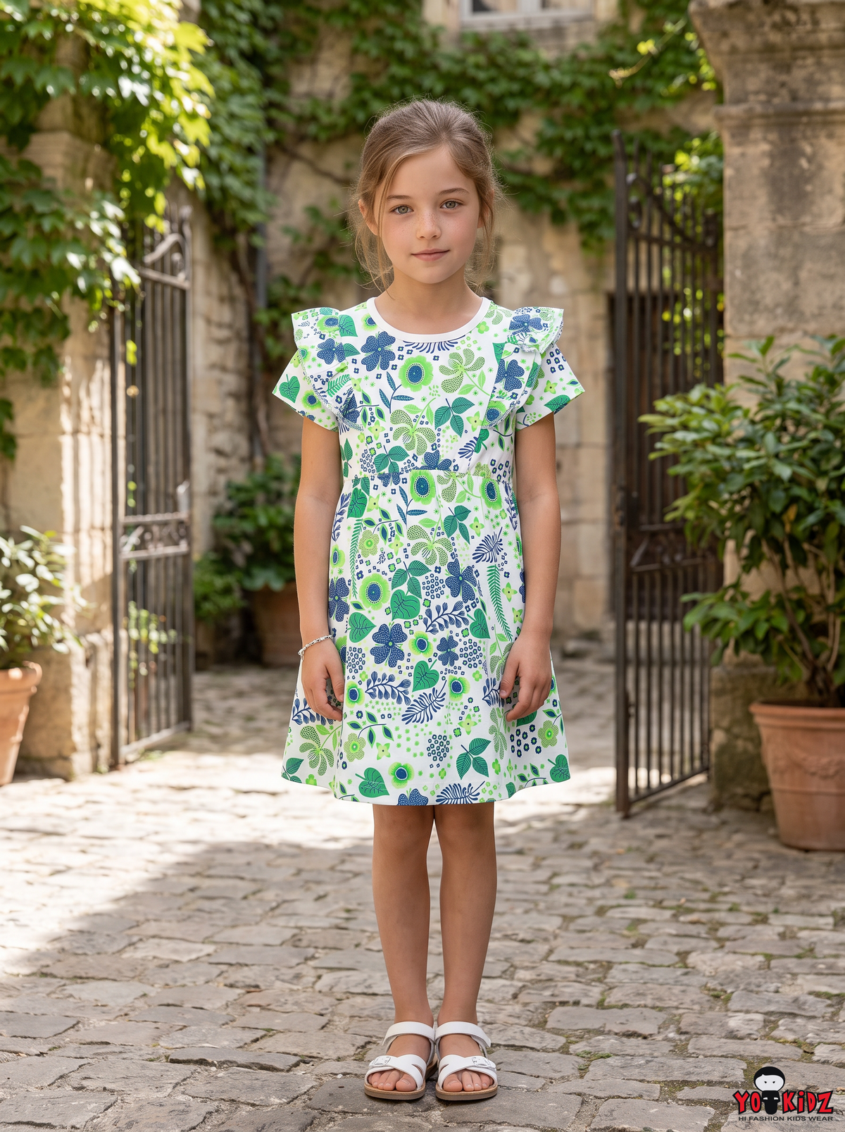 Girls Botanical Floral All Over Print Ruffle Sleeve A-Line Cotton Frock Dress — Green / White | Yokidz