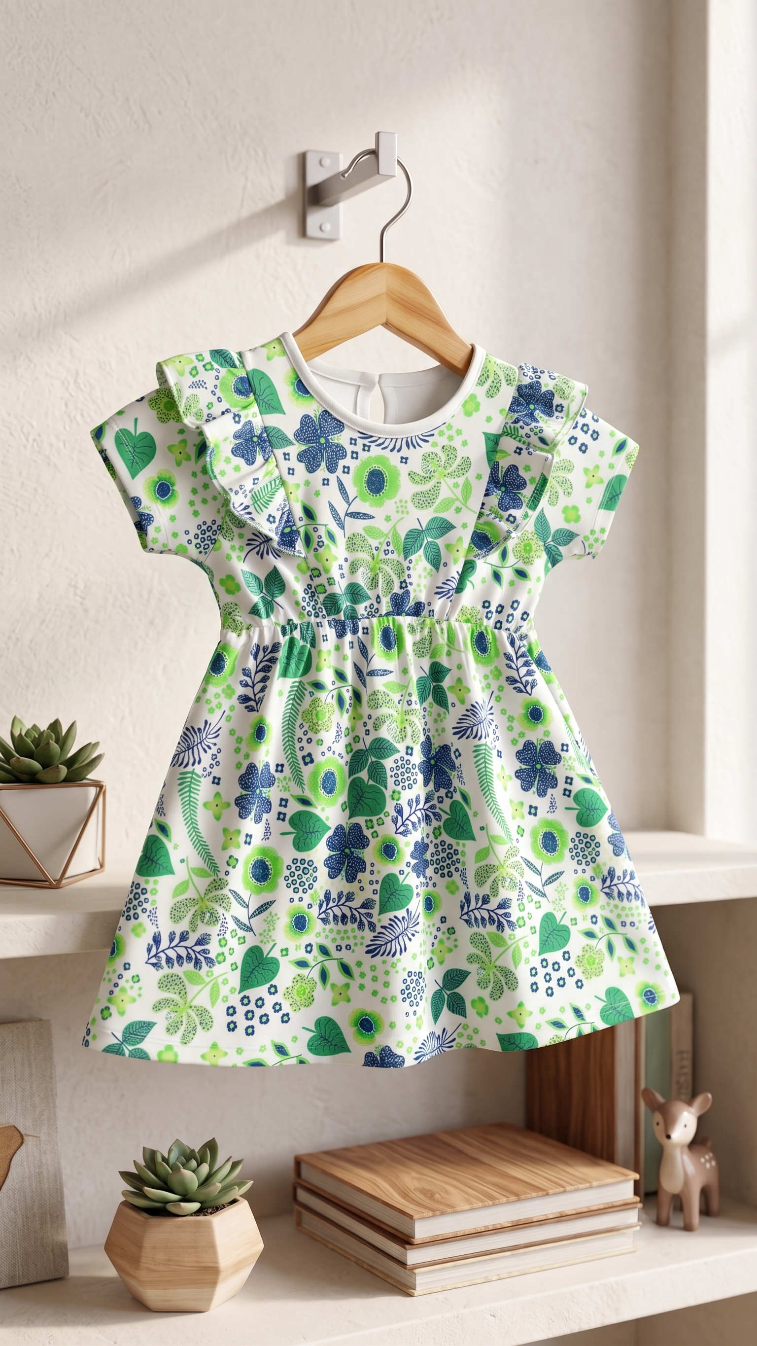 Girls Botanical Floral All Over Print Ruffle Sleeve A-Line Cotton Frock Dress — Green / White | Yokidz