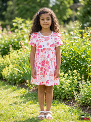 Girls Botanical Floral All Over Print Ruffle Sleeve A-Line Cotton Frock Dress — Pink / White | Yokidz