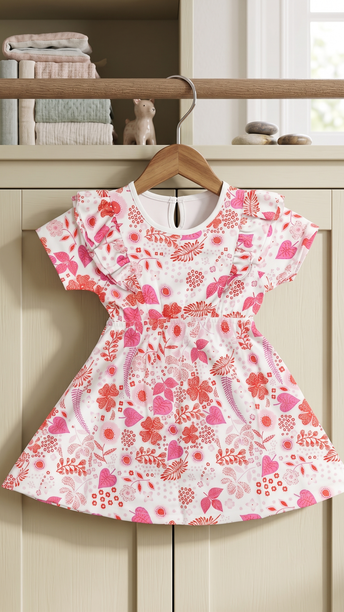 Girls Botanical Floral All Over Print Ruffle Sleeve A-Line Cotton Frock Dress — Pink / White | Yokidz