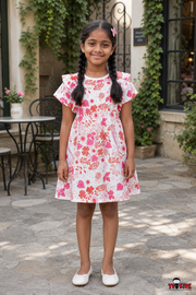 Girls Botanical Floral All Over Print Ruffle Sleeve A-Line Cotton Frock Dress — Coral Pink / White | Yokidz