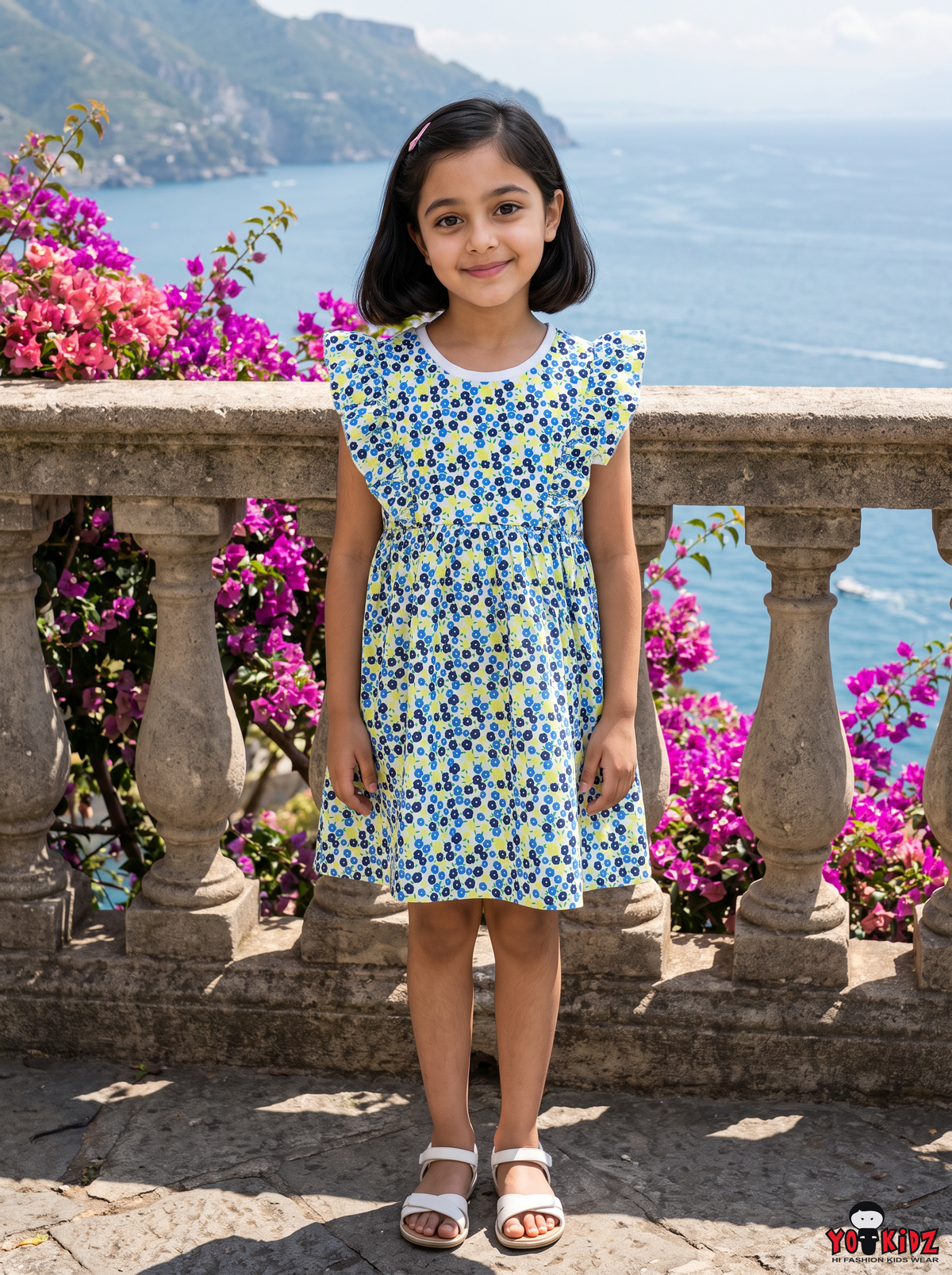 Girls Ditsy Floral All Over Print Ruffle Sleeve A-Line Cotton Frock Dress — Blue / Yellow | Yokidz