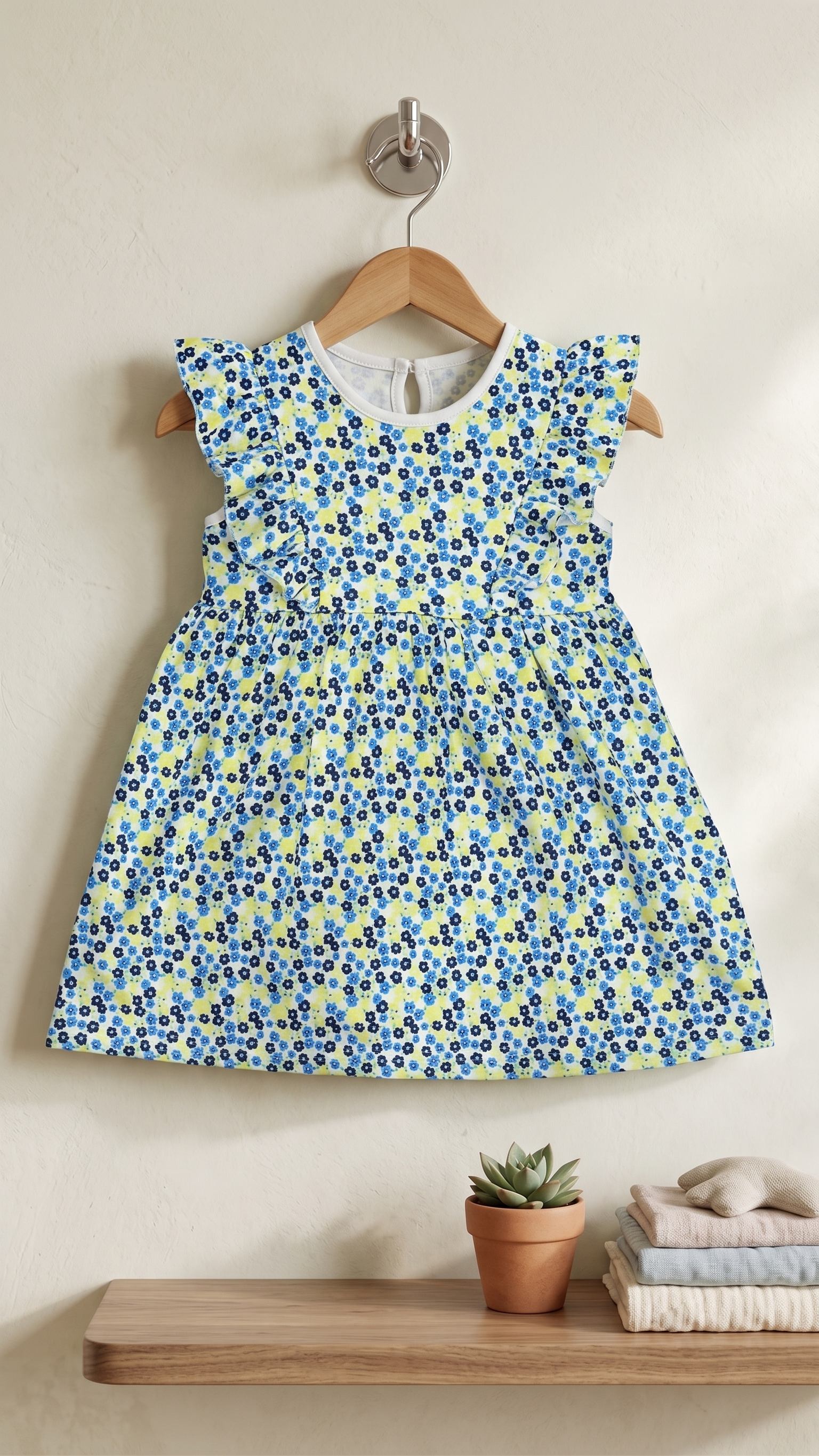 Girls Ditsy Floral All Over Print Ruffle Sleeve A-Line Cotton Frock Dress — Blue / Yellow | Yokidz