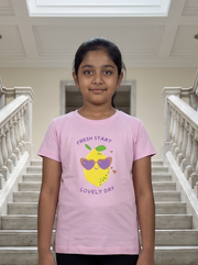 Girls Fresh Start Lovely Day Cool Lemon Graphic Print Round Neck Cotton T-Shirt — Baby Pink | Yokidz