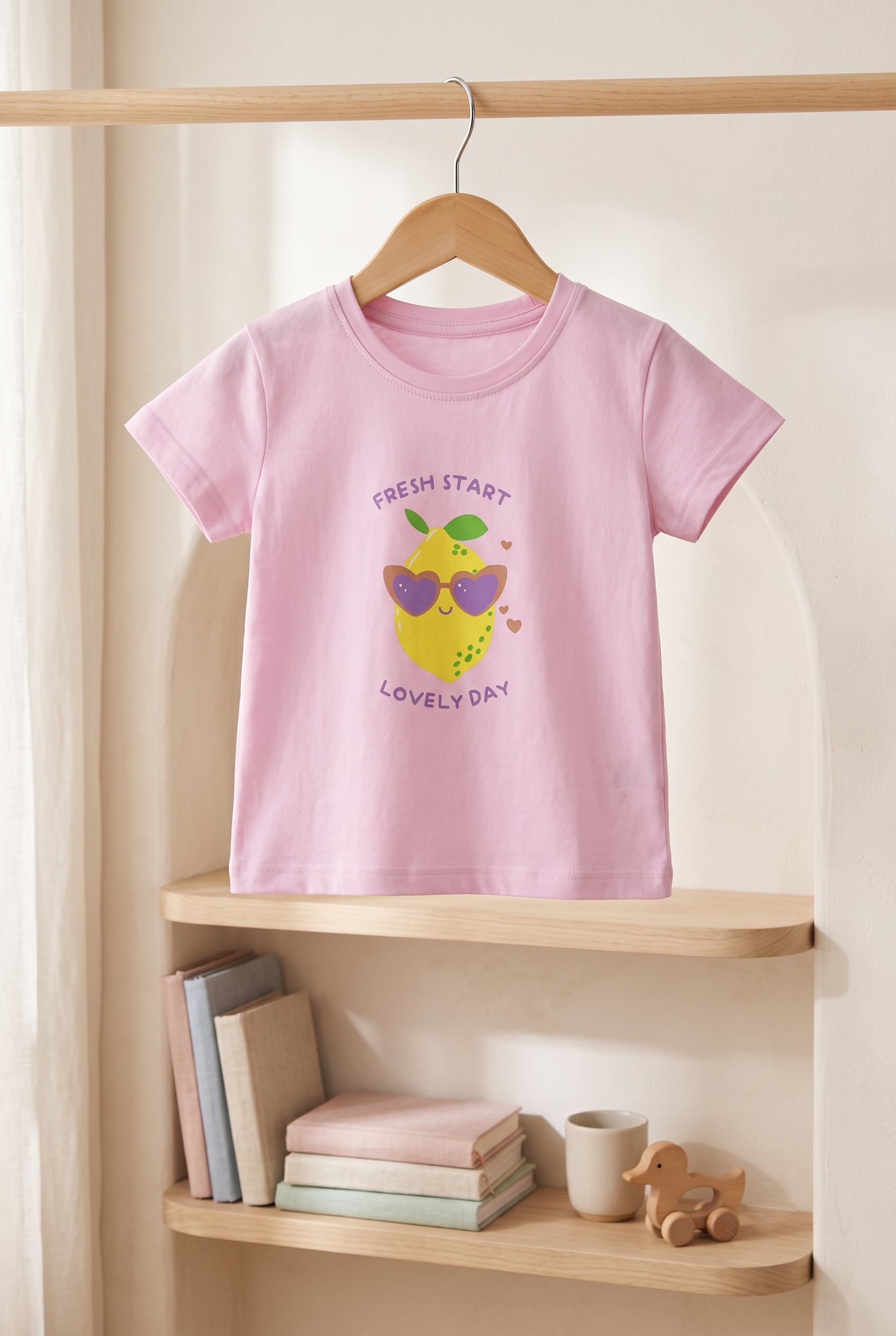 Girls Fresh Start Lovely Day Cool Lemon Graphic Print Round Neck Cotton T-Shirt — Baby Pink | Yokidz